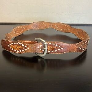Longhorn Vintage intarsia tooled leather belt, brown, western style, size Small